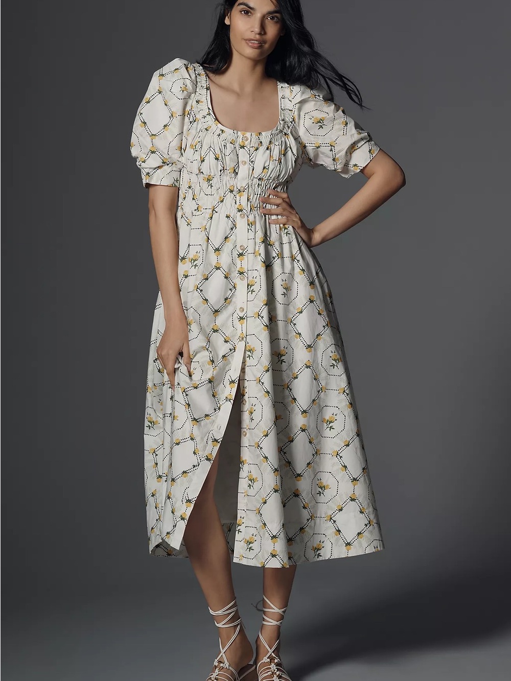 Anthropologie White Maxi Dress with Yellow Floral Print